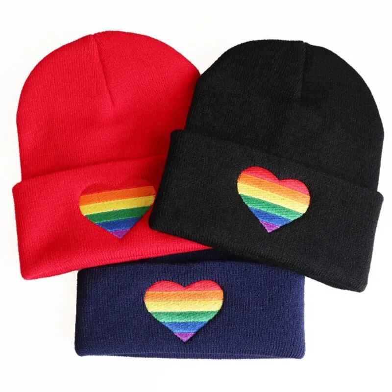 Hats - Rainbow Heart Embroidery Knitted Pride Beanies