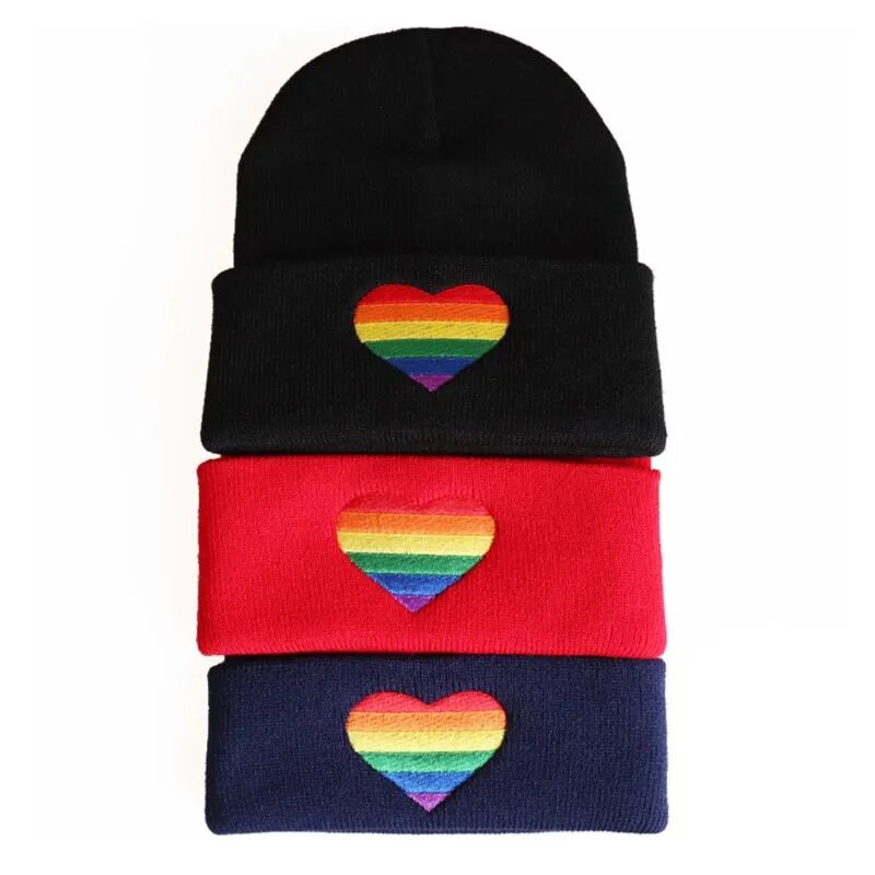 Hats - Rainbow Heart Embroidery Knitted Pride Beanies