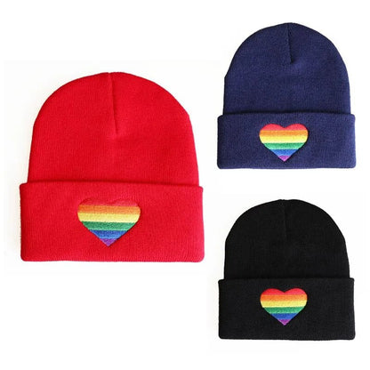 Hats - Rainbow Heart Embroidery Knitted Pride Beanies