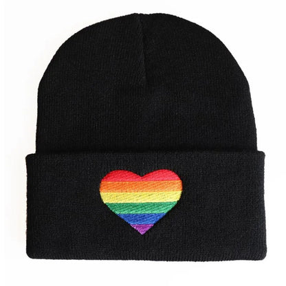 Hats - Rainbow Heart Embroidery Knitted Pride Beanies