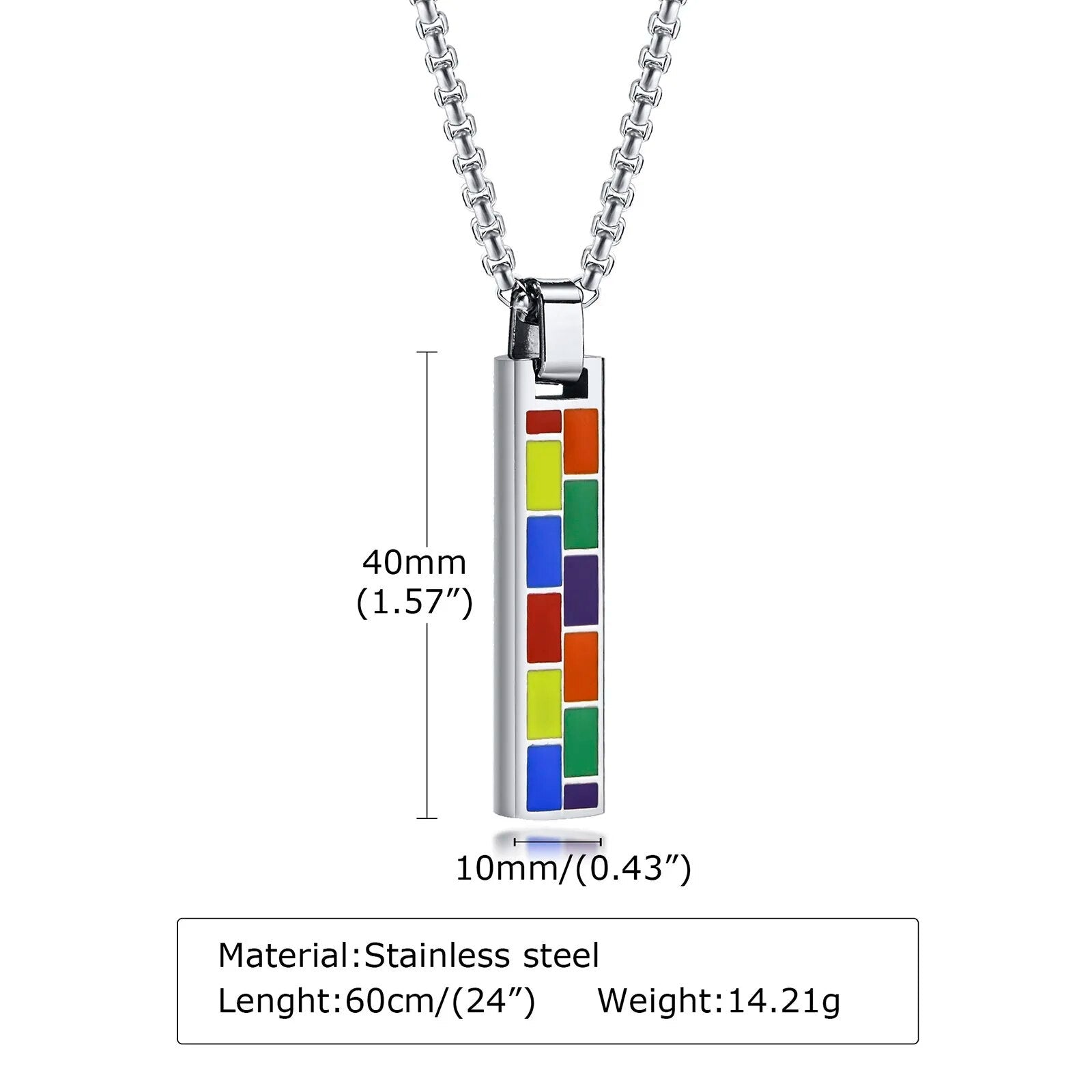 Necklace - LGBTQIA+ Pride Rainbow Slice Bar Stainless Steel Necklace - Black Or Silver