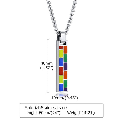 Necklace - LGBTQIA+ Pride Rainbow Slice Bar Stainless Steel Necklace - Black Or Silver