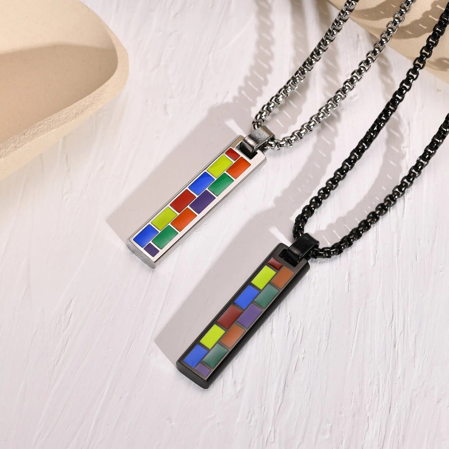 Necklace - LGBTQIA+ Pride Rainbow Slice Bar Stainless Steel Necklace - Black Or Silver