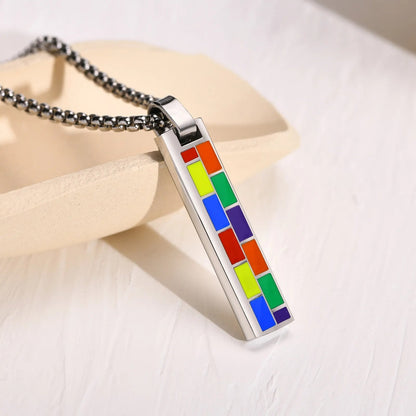 Necklace - LGBTQIA+ Pride Rainbow Slice Bar Stainless Steel Necklace - Black Or Silver