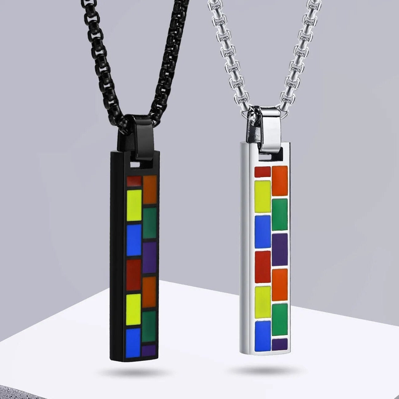 Necklace - LGBTQIA+ Pride Rainbow Slice Bar Stainless Steel Necklace - Black Or Silver