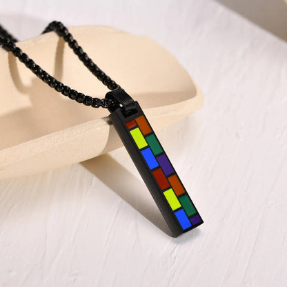 Necklace - LGBTQIA+ Pride Rainbow Slice Bar Stainless Steel Necklace - Black Or Silver